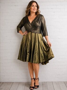 TADASHI Collection Gold Taffeta Pleated Holiday Dress 12